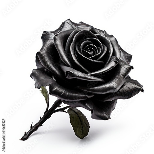 A beautiful shiny black rose. Isolated on white background. Generative AI.