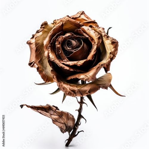 A beautiful copper metal rose. Steampunk style. Isolated on white background. Generative AI.