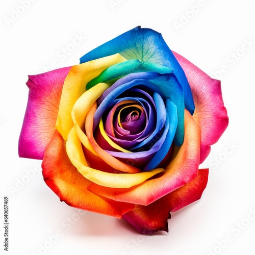 A beautiful multicolored rose. Rainbow. Isolated on white background. Generative AI.
