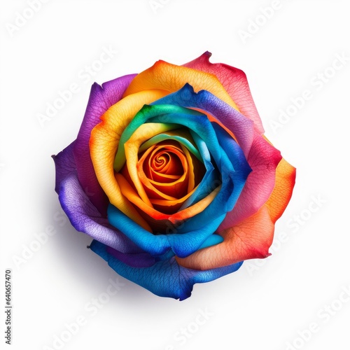 A beautiful multicolored rose. Rainbow. Isolated on white background. Generative AI.