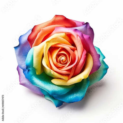 A beautiful multicolored rose. Rainbow. Isolated on white background. Generative AI.