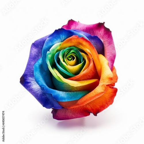 A beautiful multicolored rose. Rainbow. Isolated on white background. Generative AI.
