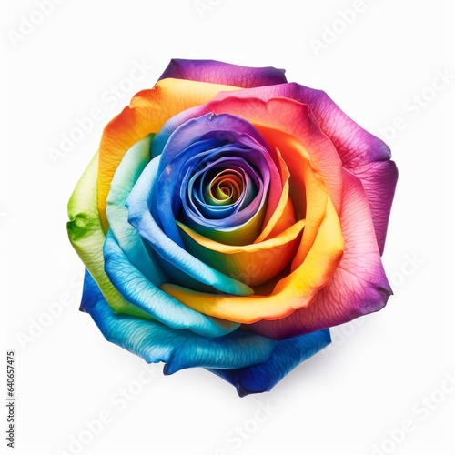 A beautiful multicolored rose. Rainbow. Isolated on white background. Generative AI.