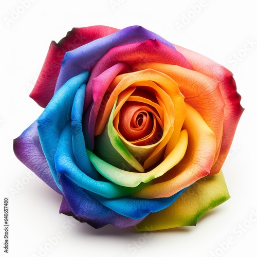 A beautiful multicolored rose. Rainbow. Isolated on white background. Generative AI.