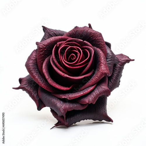 A beautiful burgundy rose. Isolated on white background. Generative AI.