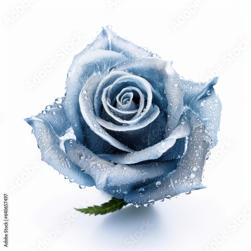 A frozen blue rose covered in hoarfrost. Isolated on white background. Generative AI.