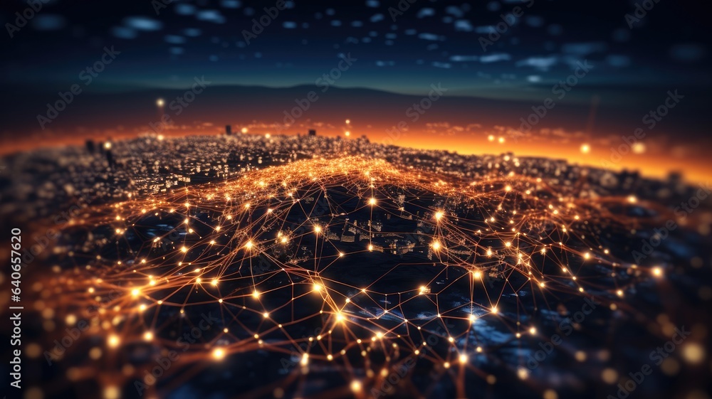 A sprawling, interconnected web of glowing nodes, with data flowing between them, representing the intricate digital connections that define our modern world