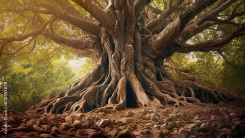 An old tree with intertwined roots, representing the strength and stability of longstanding connections in a natural and organic way photo