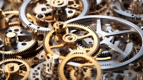 Different gears of a mechanical clock meshing perfectly to keep time, illustrating how various components synchronize to create a functional whole