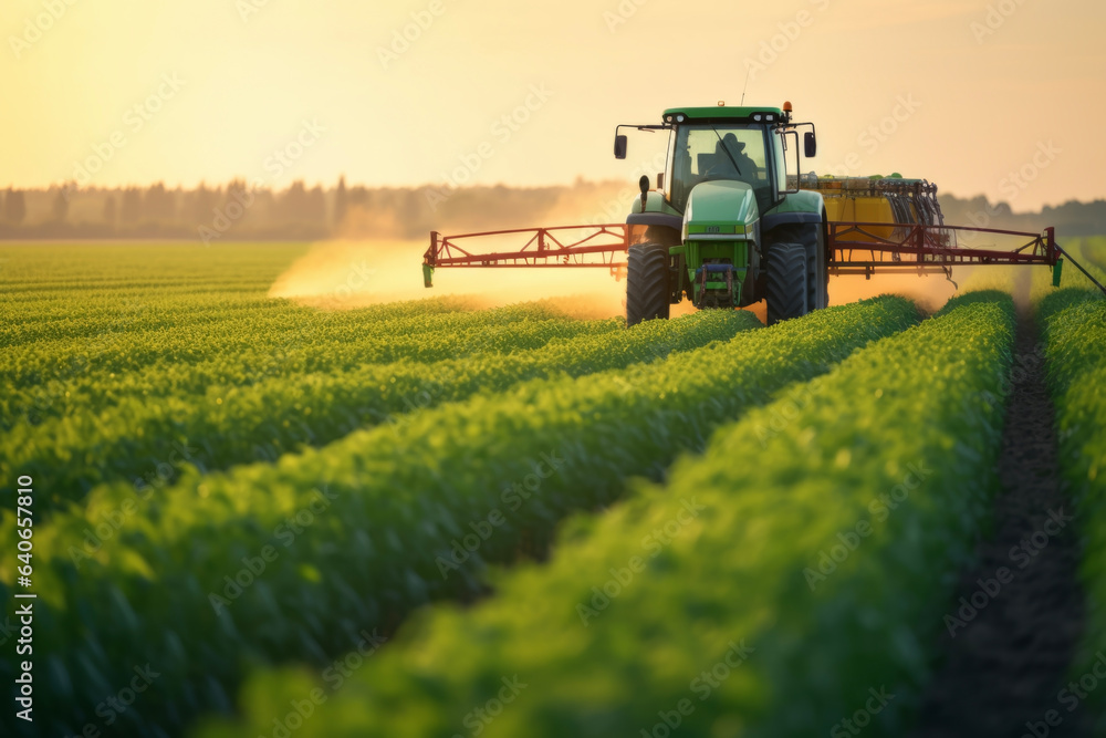 A tractor spraying pesticide fertilizer on a beautiful soybean farm in the spring sunset. Agriculture concept suitable for industry and production. - obrazy, fototapety, plakaty 