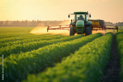 Fotografia A tractor spraying pesticide fertilizer on a beautiful soybean farm in the spring sunset