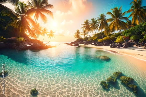 A beachfront paradise  tropical terrain  holiday resort  sun flare - AI Generative