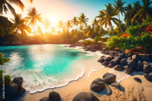 A beachfront paradise  tropical terrain  holiday resort  sun flare - AI Generative