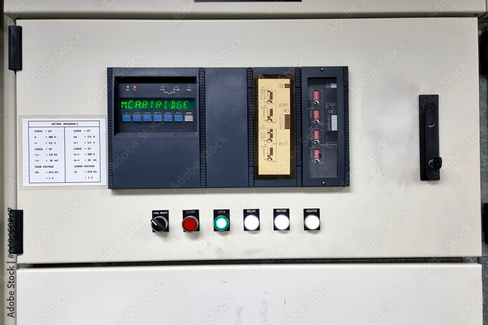 Protection relay panel of Medium voltage switchgear: Overcurrent relay protection. - obrazy, fototapety, plakaty 