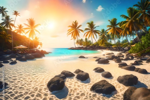 A beachfront paradise, tropical terrain, holiday resort, sun flare - AI Generative