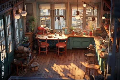 a Cozy Lofi Kitchen Illustration, Transporting You to a Comforting Culinary Haven Where Vintage Aesthetics Blend Seamlessly with Artistic Ambiance for a Homely and Creatively Inspiring Experience. 