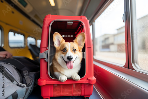Dog corgi inside a travel carrier box for animals
