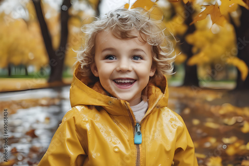 Wallpaper Mural Close-up portrait of a child with wavy hair in a yellow raincoat in an autumn park during the rain Torontodigital.ca