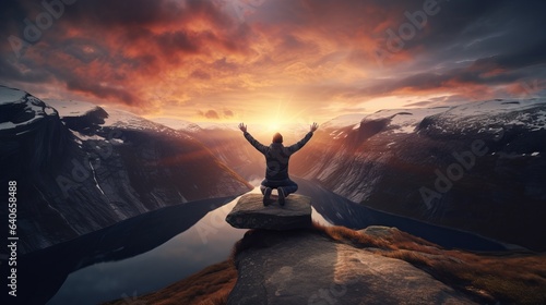 A guy is sitting on the edge of the cliff at the top of the mountain that sits above Ringedalsvalnet, and he's throwing his hands up in the air as he watches the sun go down.