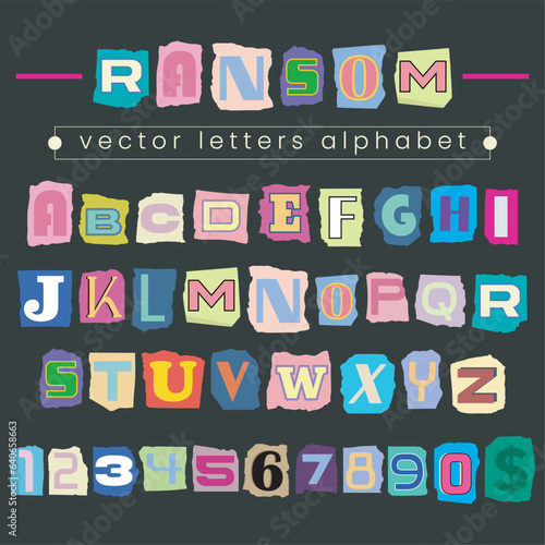 Ransom Vector Letters Alphabet. Blackmail Ransom Kidnapper Anonymous Note Font Y2K style. Paper Cut out ransom English Letters and Numbers. Collage style criminal ransom letters. Compose your own