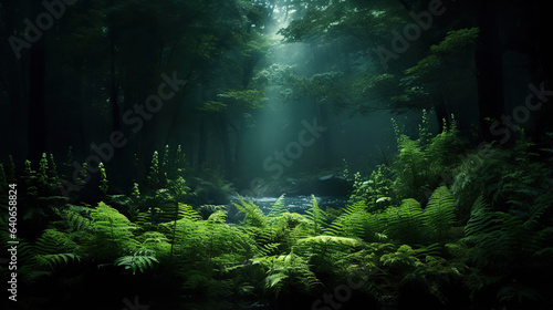 green ferns in the middle of the forest midsummer night. © Ziyan Yang