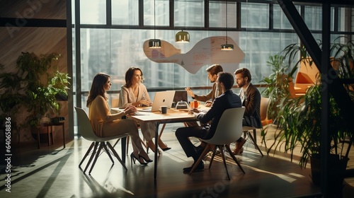 A meeting of businesspeople is taking place in an advertising agency.