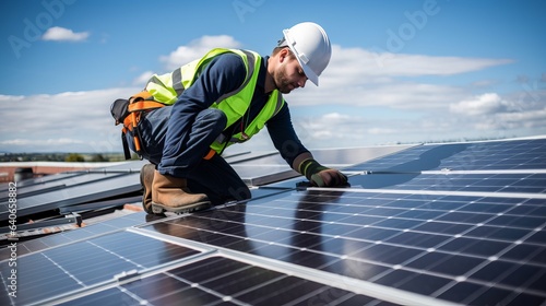 On the roof, a solar panel installation company employee is assembling a photovoltaic system.