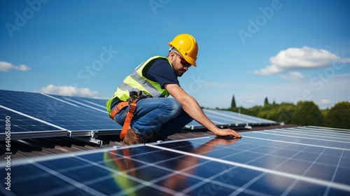 On the roof, a solar panel installation company employee is assembling a photovoltaic system.