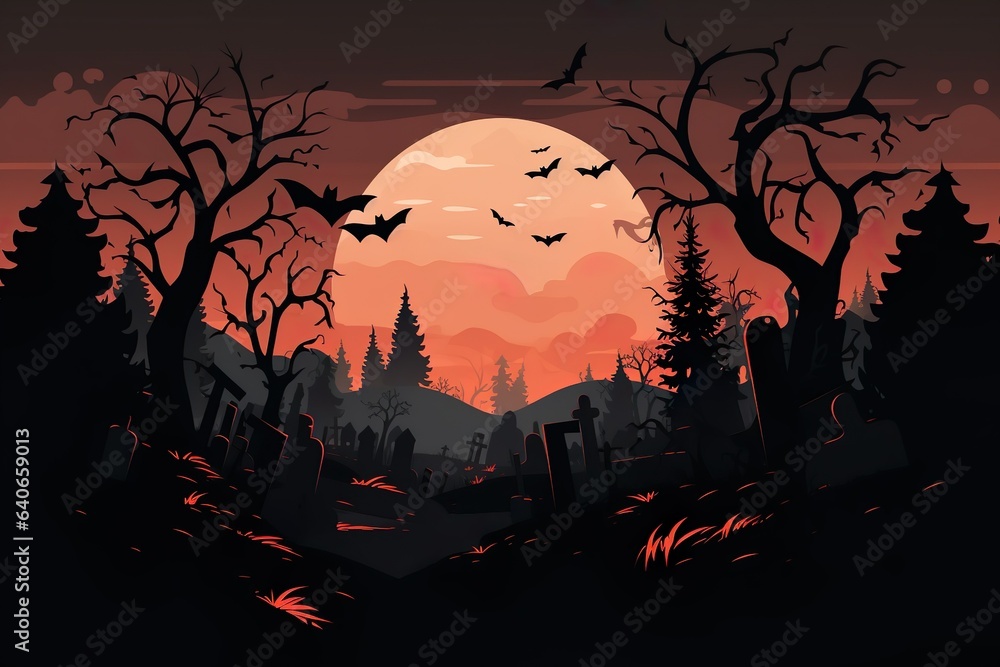 Halloween background in the graveyard at night with a moon background