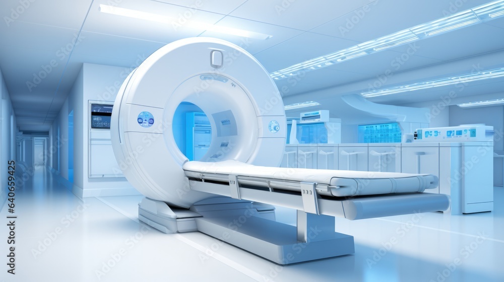Medical CT or MRI or PET Scan. Technologically Advanced and Functional Mediсal Equipment. High-tech modern CT scan room in the modern hospital. Medical CT or MRI or PET Scan. Technologically Advanced and Functional Mediсal Equipment. High-tech modern CT scan room in the modern hospital.