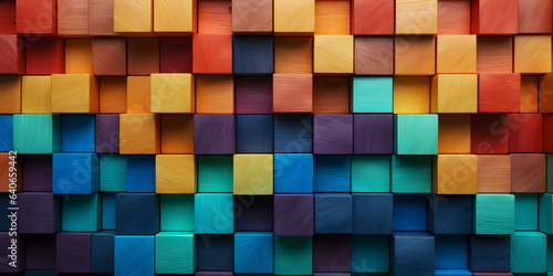Colorful wooden blocks aligned on diagonal. Wide format.