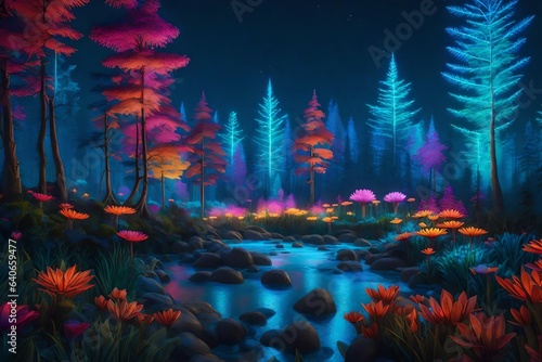 A colorful bioluminescent forest landscape that is full of life  full of colors - AI Generative