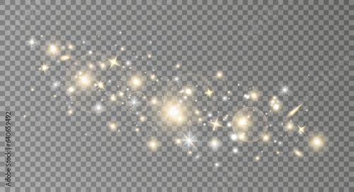 Glitter gold light background. Christmas luxury banner. Gold dust frame. Glowing bokeh confetti. White magic particles border. Flying bright stars. Neon garland lamp. Vector illustration