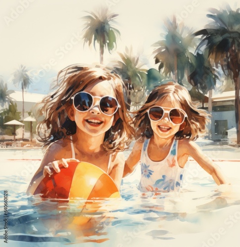 3d render, illustration of kids playing in the pool.Vacation and relaxation concept, playing with pool, balls and water © aboutmomentsimages