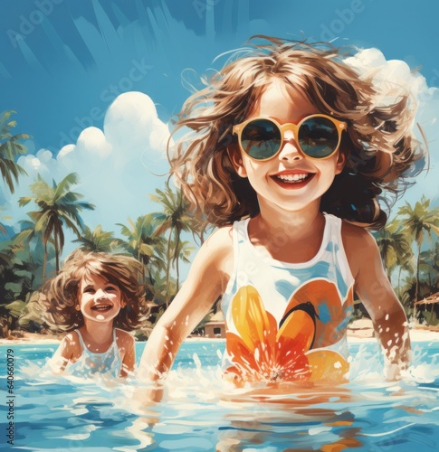 3d render, illustration of kids playing in the pool.Vacation and relaxation concept, playing with pool, balls and water © aboutmomentsimages