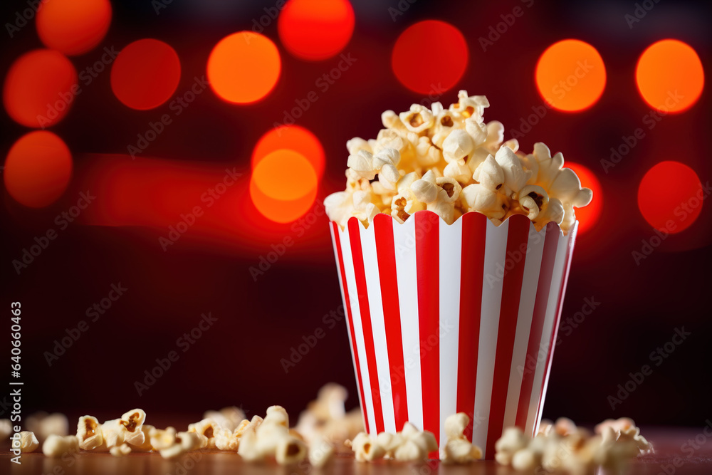 Movie, red and white striped popcorn, Box. with delicious popcorn in Cinema or movie theatre bokeh background with copy space
