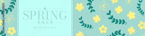 Spring Sale Banner. Spring Season design with flowers, leaves, petals on pink background. Up to 50% tag . Spring Sale Template. Editable Vector Illustration.