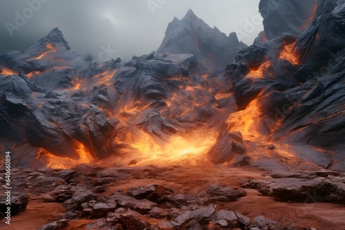 Fototapete A volcanic mountain erupting with lava and flames