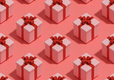 Isometric seamless pattern of pink gift boxes. 3d illustration.