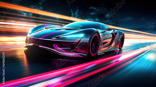 Futuristic Sports Car On Neon Highway. Powerful acceleration of a supercar with colorful lights trails  generative AI  