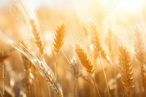 Saisonal wheat field in luminous golden colors. Close-up with short depth of field and abstract bokeh