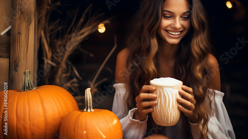 Autumn pumpkin spiced latte, composition of a coffee mug and pumpkins, copy space