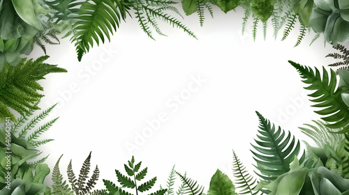 green frame of tropical leaves with a white space for text in the middle