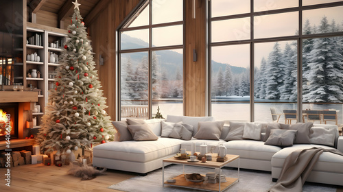 Cozy living toom interior with large windows and a fireplace, winter christmas setting photo