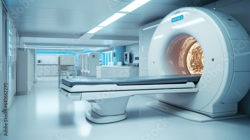 Medical CT or MRI or PET Scan. Technologically Advanced and Functional Mediсal Equipment. High-tech modern CT scan room in the modern hospital.