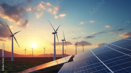 Modern Wind turbines and solar panels sunset light.