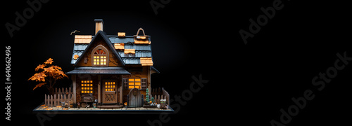 Toy house against black background