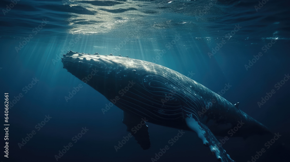 Fototapeta premium Humpback Whale Plays Near the Surface in Blue Water.