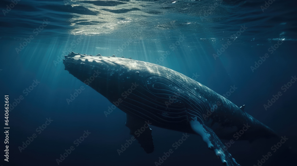 Humpback Whale Plays Near the Surface in Blue Water.