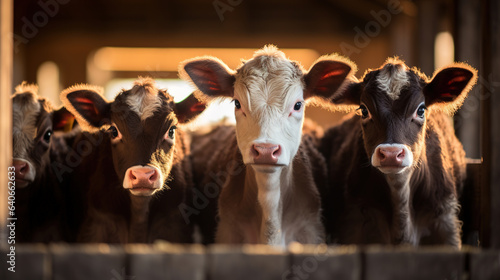 Generative AI, little calfs looking at the camera on a farm, baby cows